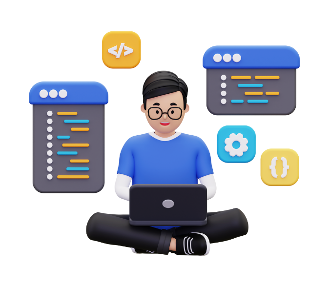 Illustration of a developer seated cross-legged with a laptop, surrounded by code windows and development icons, symbolizing retail web development & SEO.